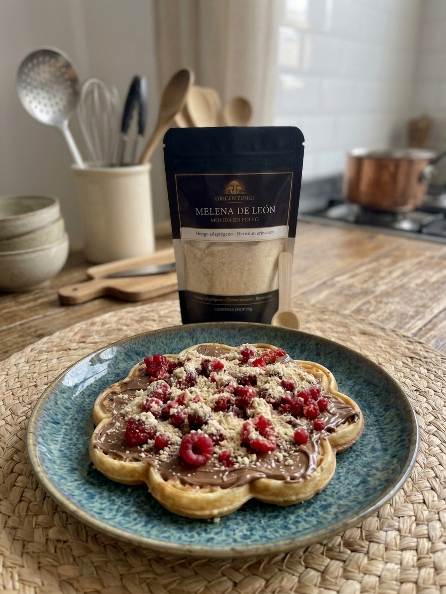 Waffles con cacao, frambuesas y Melena de león: El desayuno perfecto para despertar tu mente 🧠 🧇 ✨